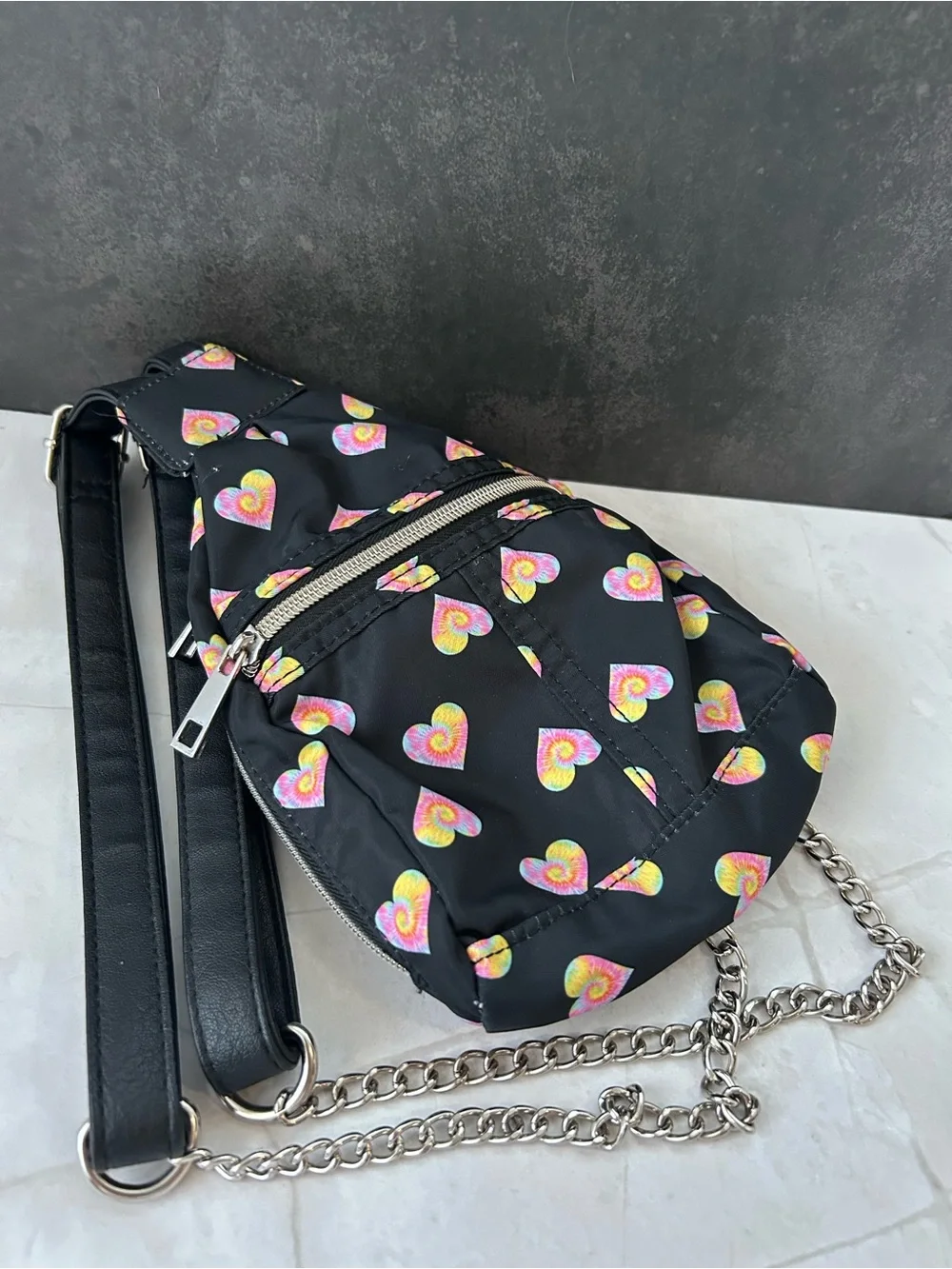 Black Heart Print Crossbody Sling Bag